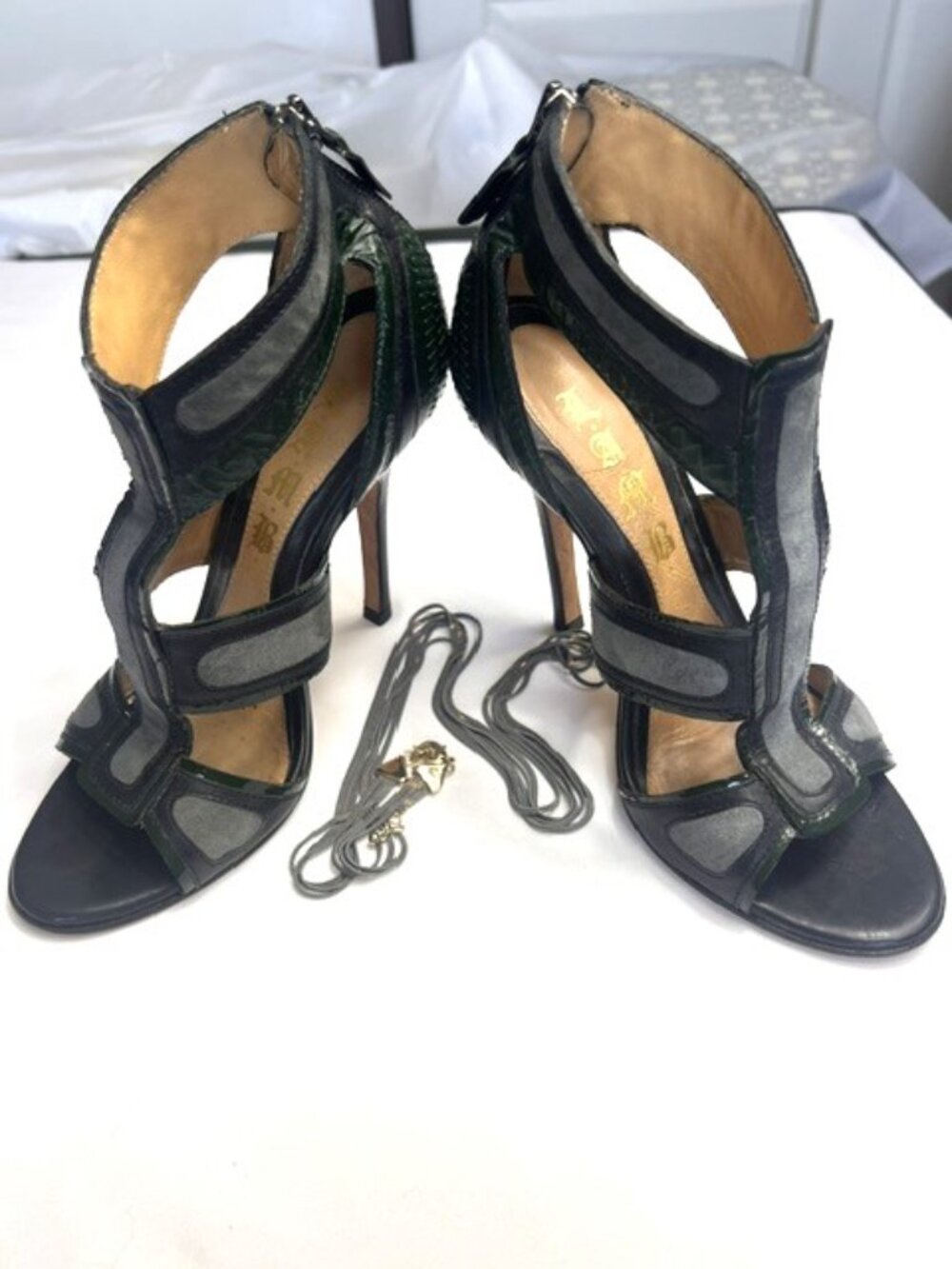 L.A.M.B. Noel Stiletto Sandal/Pump Sz 6.5 Green Gray Black